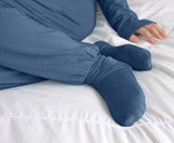 Enclosed feet of blue bamboo eczema pyjamas for adults